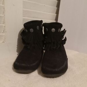 Black Fringe Minnetonka Booties with Silver Accents